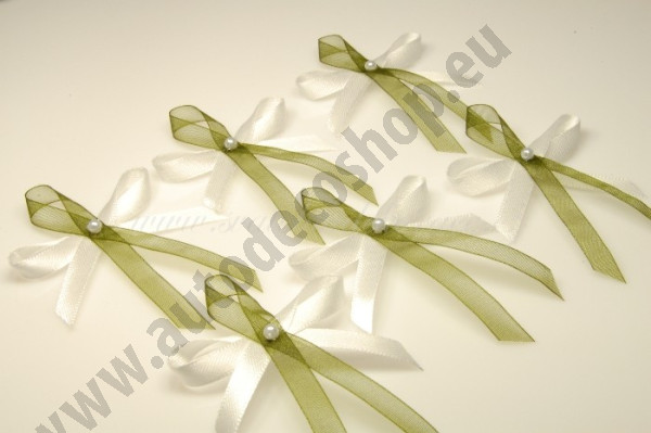 Svatební vývazky s perličkou - bílá, tm.olivová (1 ks)