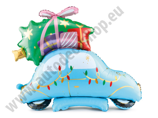 Fóliový balónek - modré auto s vánočním stromem (1 ks)