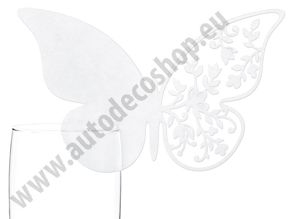 Svatební jmenovka Motýlek na skleničku 2 - 12,5 x 7,6 cm - bílá  ( 10 ks/bal )