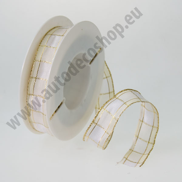 Dekorační stuha s drátkem KARO KARO - bílá + smetanová + zlatá (25 mm, 20 m) 