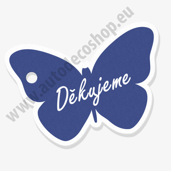 Visačka - motýl 4 x 4 cm - Děkujeme - modrá (18 ks/bal)