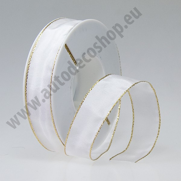 Dekorační stuha acetová s drátkem ACETO - bílá + zlatá (25 mm, 25 m/rol)