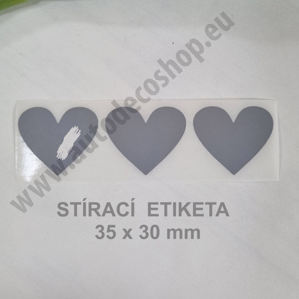 Stírací samolepka srdce 35 x 30 mm - šedá (3 ks / bal)