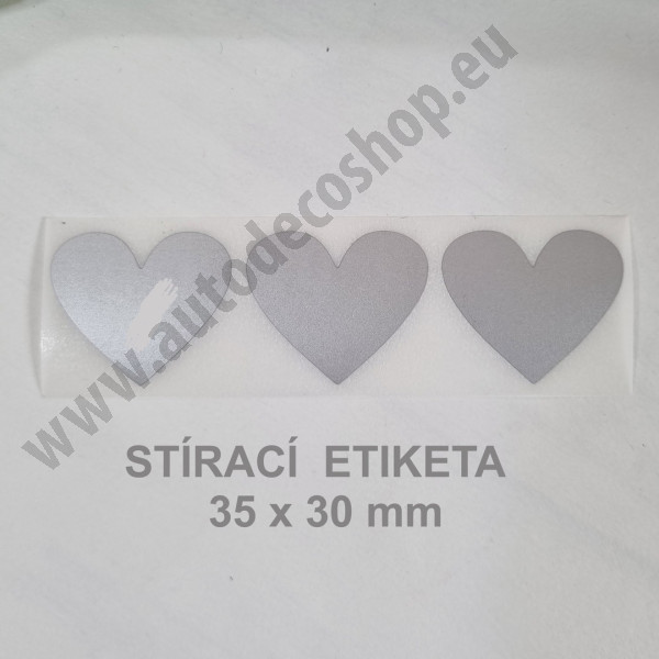 Stírací samolepka srdce 35 x 30 mm - stříbrná (3 ks / bal)