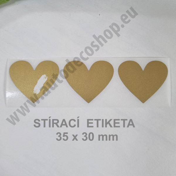 Stírací samolepka srdce 35 x 30 mm - zlatá (3 ks / bal)