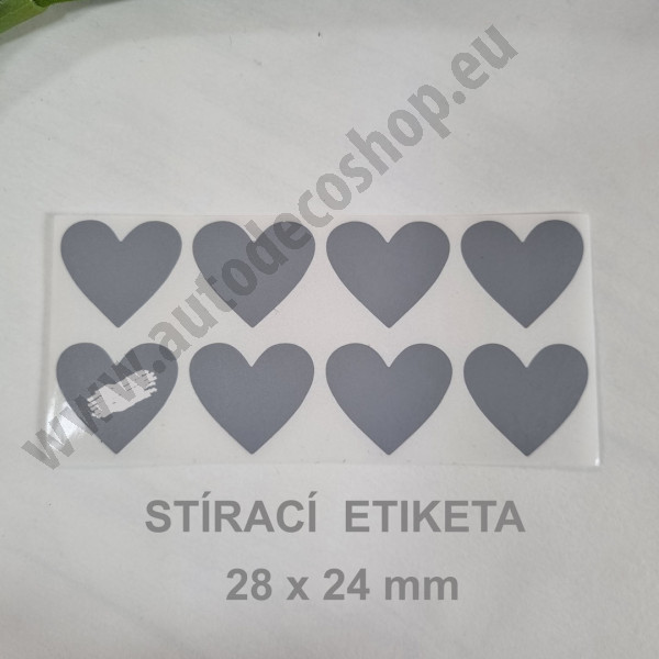 Stírací samolepka srdce 28 x 24 mm - šedá (8 ks / bal)