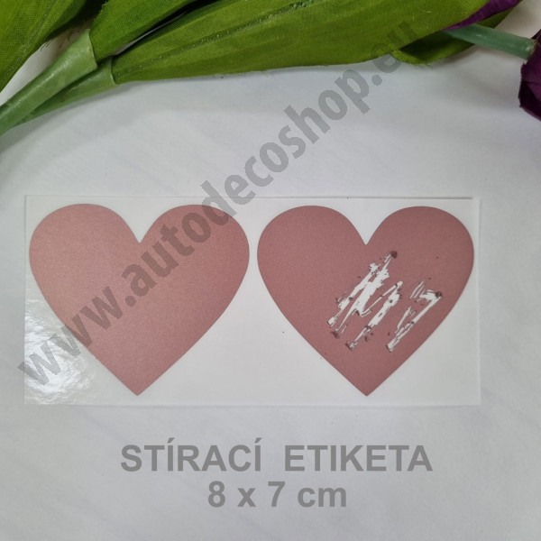 Stírací samolepka srdce 8 x 7 cm - starorůžová (2 ks / bal)