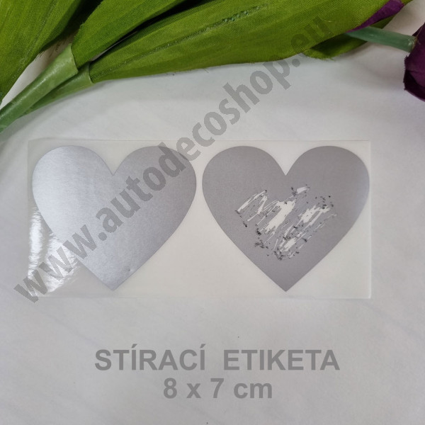 Stírací samolepka srdce 8 x 7 cm - stříbrná (2 ks / bal)