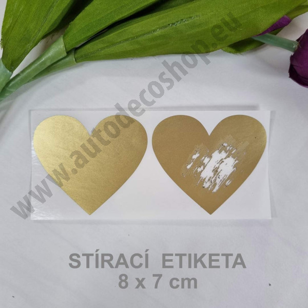 Stírací samolepka srdce 8 x 7 cm - zlatá (2 ks / bal)
