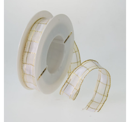 Dekorační stuha s drátkem KARO KARO - bílá + smetanová + zlatá (25 mm, 20 m) 