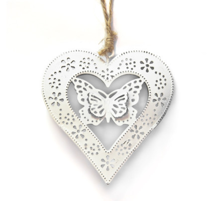 Metalové srdce - Motýl 9 cm - bílé (1 ks)